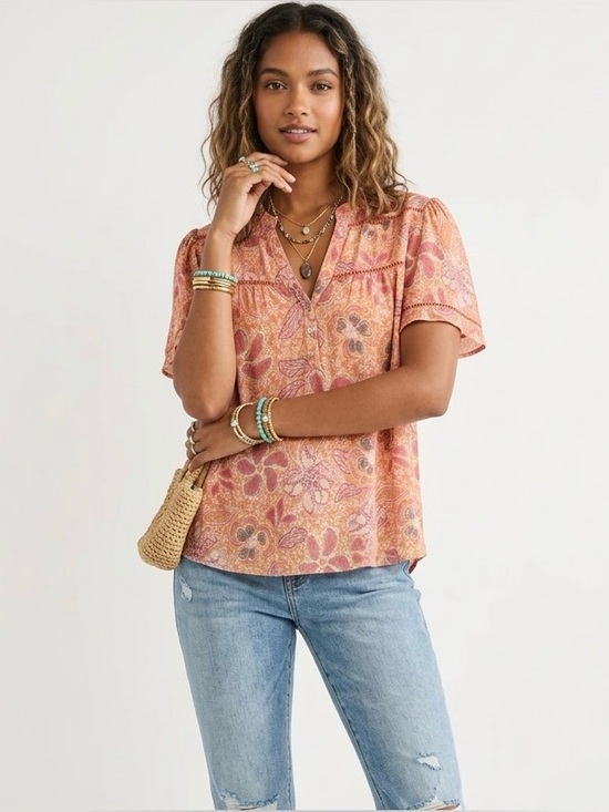 Nanette Lepore Tops - Nanette Lepore Boho Floral Flutter Sleeve V-Neck Blouse XL Orange Pink Eyelet
